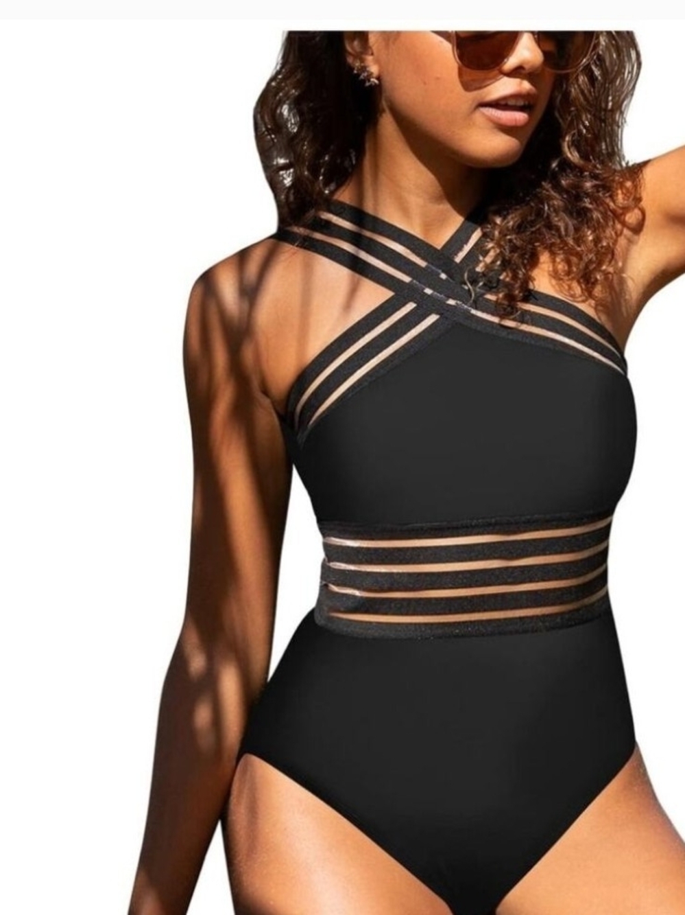 Black Cross-Strap One-Piece Swimsuit with Sheer Waist Panels